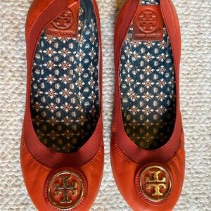 Tory Burch Orange Ballet Flats with Gold Logo
